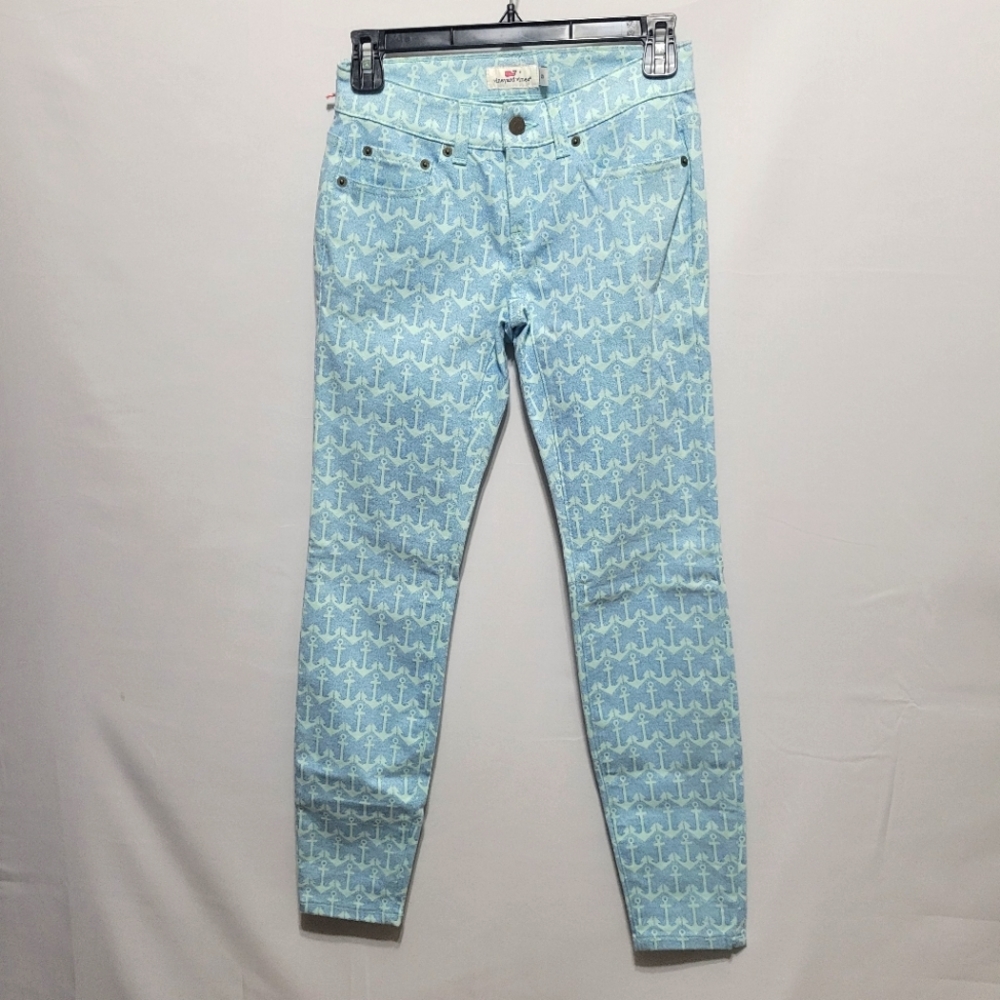 Vineyard Vines Anchor Dot Print Crystal Blue Skinny Jeans Size 00